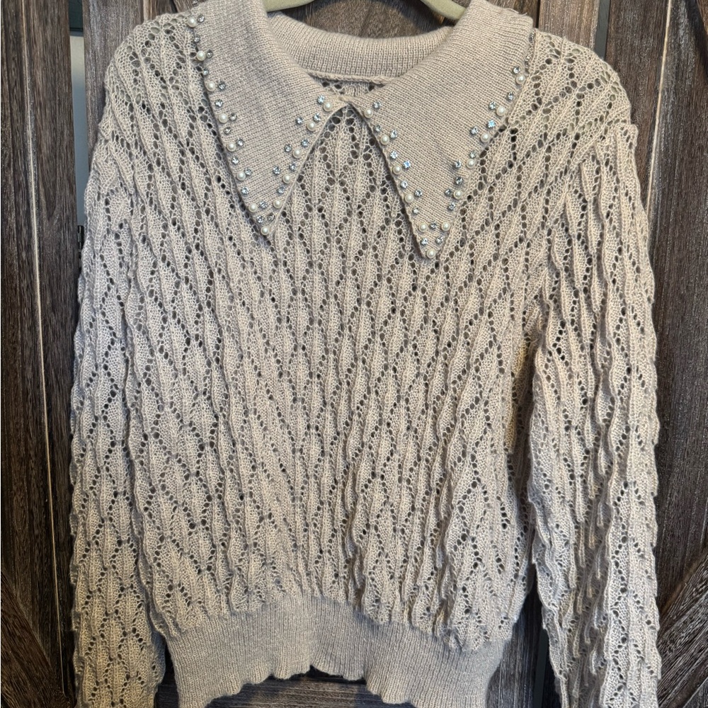 Embellished Beige Sweater with Peter Pan Collar